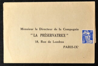 MesTimbres.fr France, enveloppe “La Préservatrice” avec timbre 15f Gandon Classeur noir BF